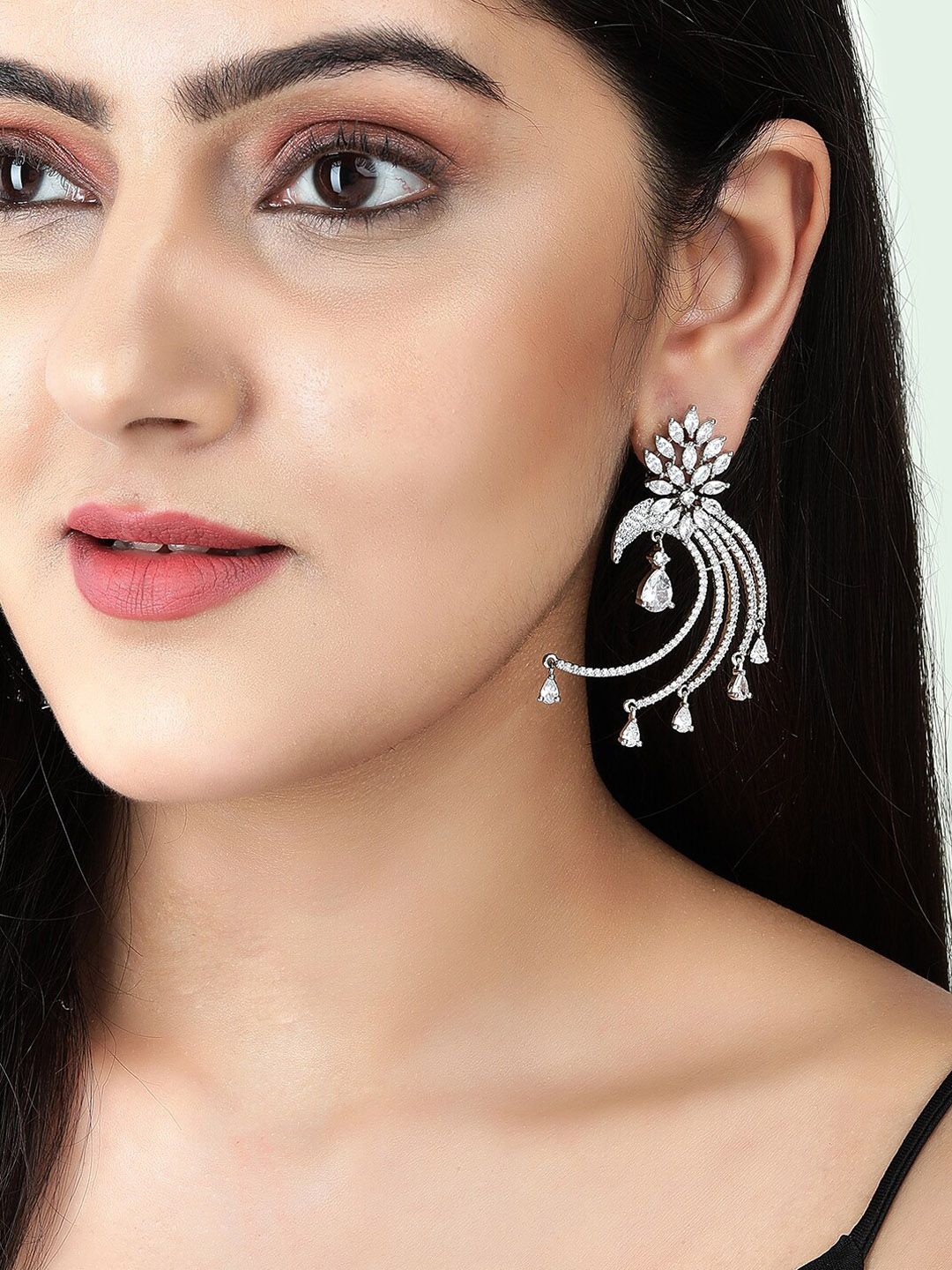 Dhiyona RJ Women's Silver-Plated AD and Cubic Zirconia Studded Statement Drop Earrings