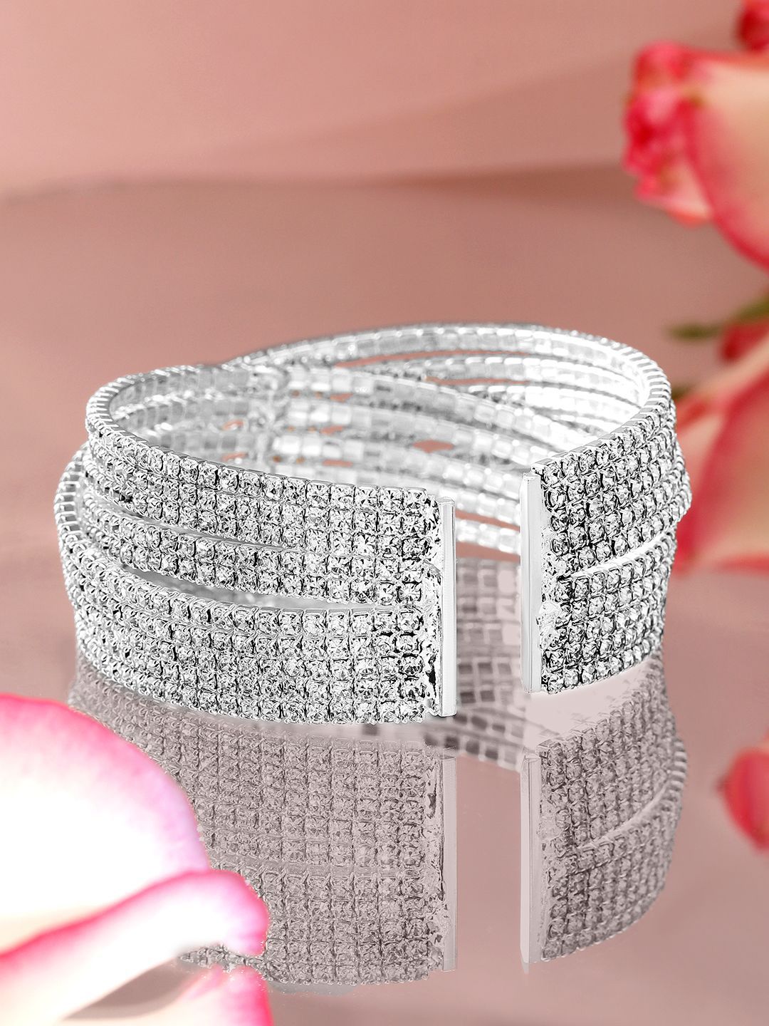 Dhiyona RJ Women's Rhodium-Plated Cubic Zirconia Stone Studded Cuff Openable Bracelet