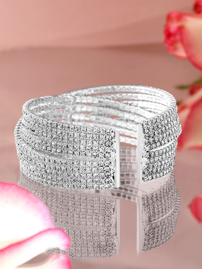 Dhiyona RJ Women's Rhodium-Plated Cubic Zirconia Stone Studded Cuff Openable Bracelet