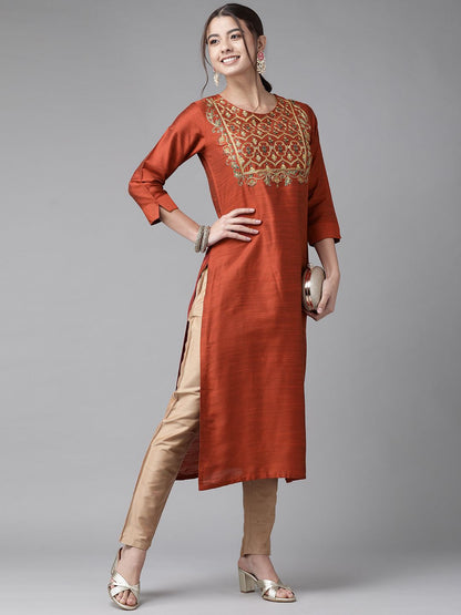 Dhiyona IE Women Orange Yoke Design Thread Work Chanderi Silk Chanderi Silk Kurta