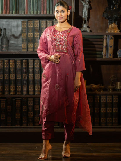Floral Embroidered Thread Work Kurta With Trousers & Dupatta
