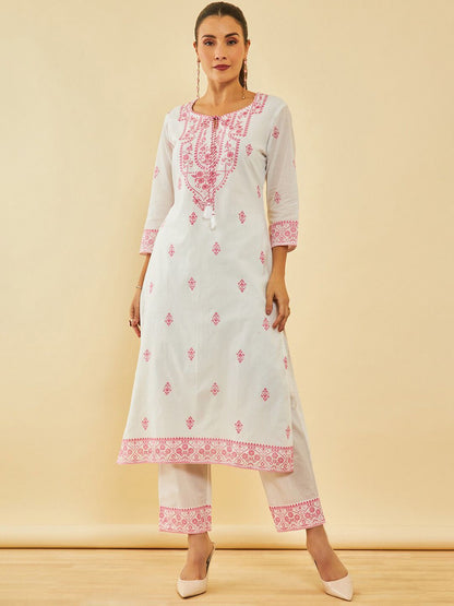 Dhiyona SO Women's White & Pink Floral Printed Pure Cotton Straight Kurta With Trousers & Dupatta