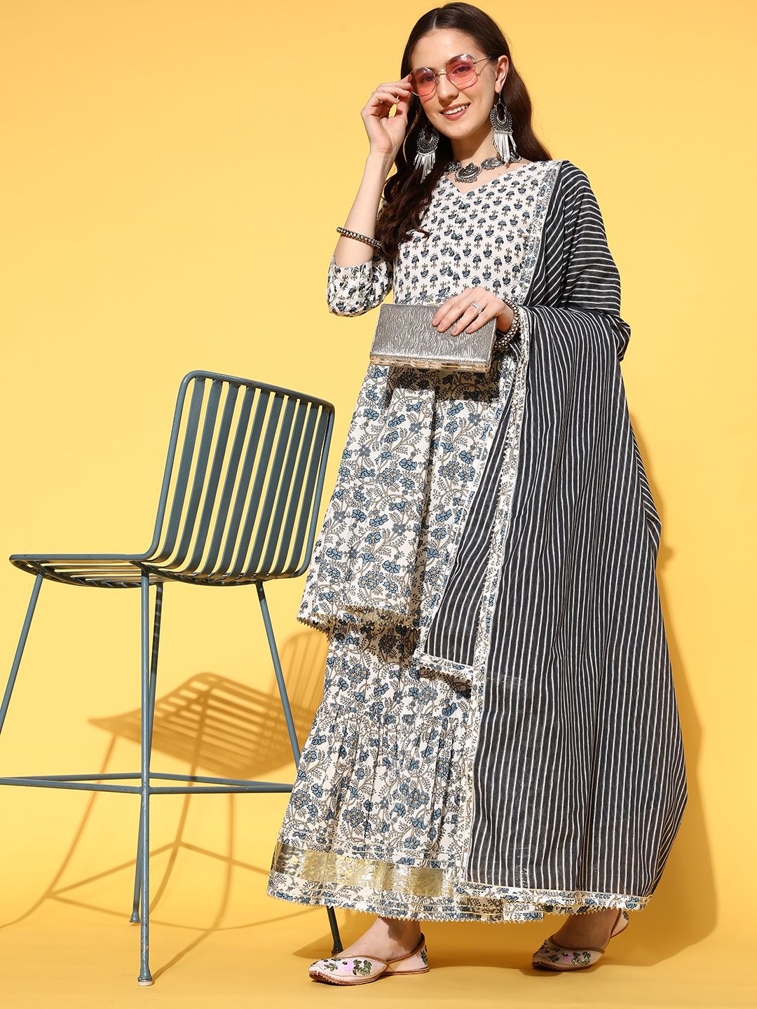 Dhiyona VA Women's Floral Printed Empire Pure Cotton Kurta with Sharara & With Dupatta