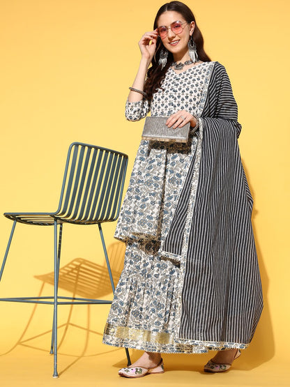 Dhiyona VA Women's Floral Printed Empire Pure Cotton Kurta with Sharara & With Dupatta