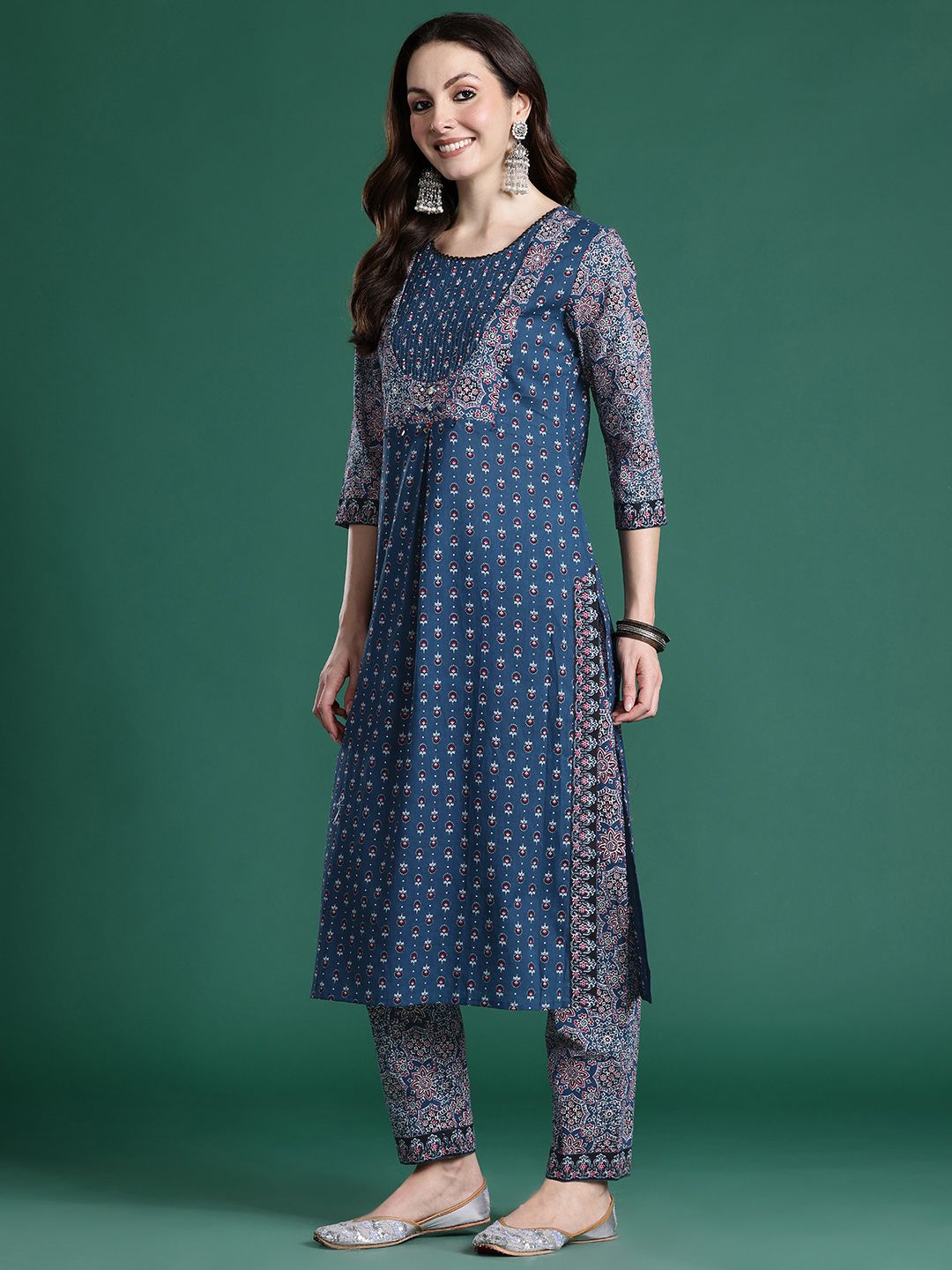Ethnic Motifs Printed Mirror Work Pure Cotton Kurta with Trousers & With Dupatta