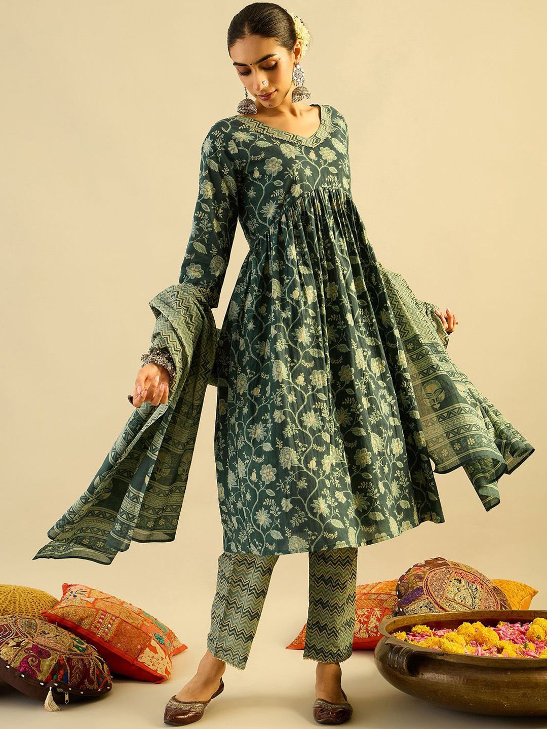 Dhiyona IE Green Floral Printed V-Neck Pure Cotton A-Line Kurta with Trousers & Dupatta