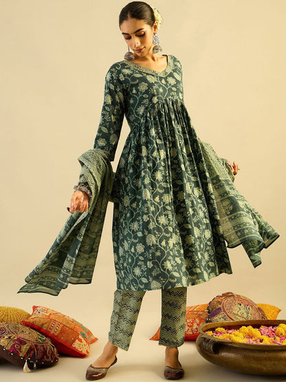 Dhiyona IE Green Floral Printed V-Neck Pure Cotton A-Line Kurta with Trousers & Dupatta