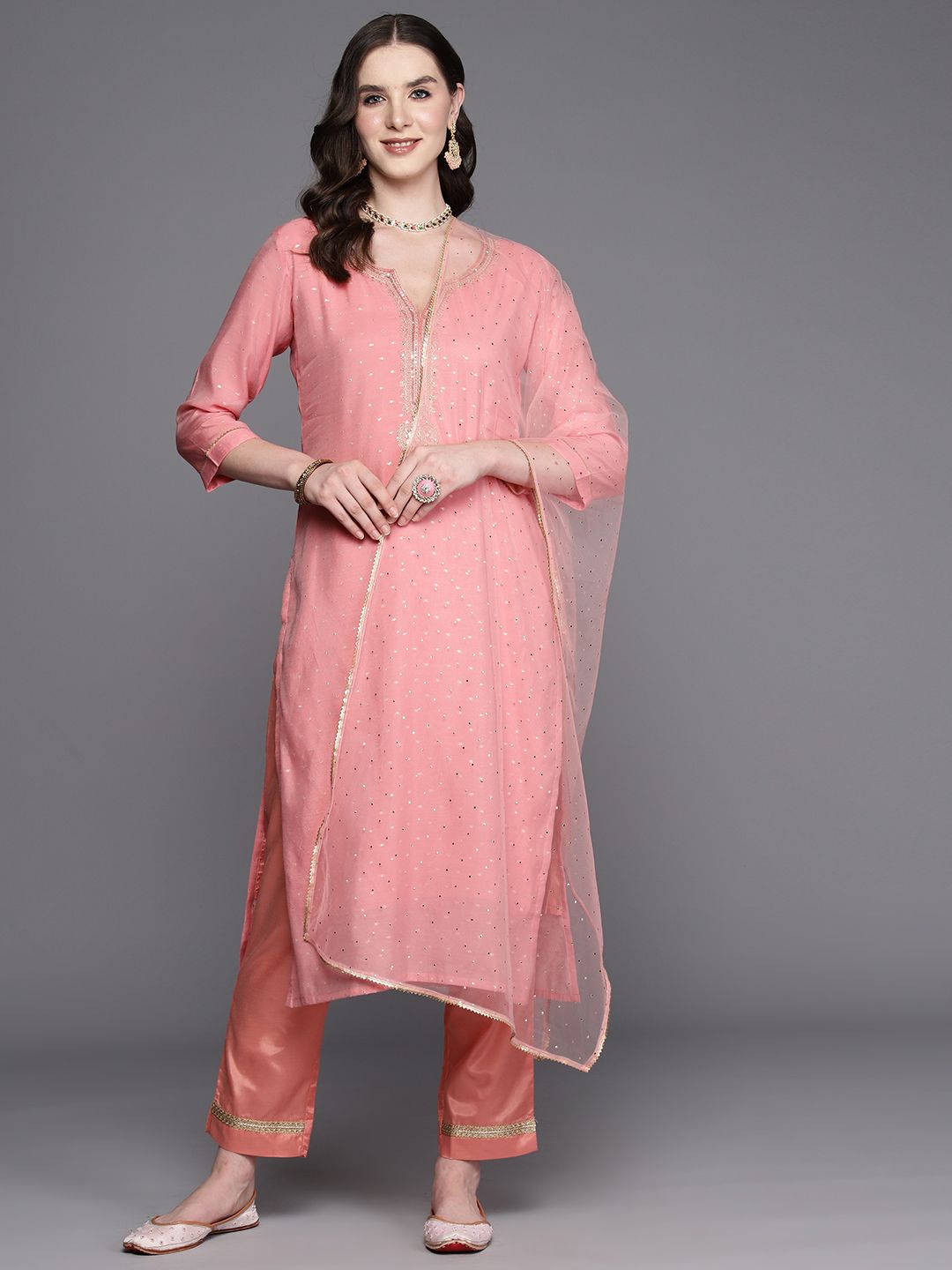 Dhiyona IE Embroidered Regular Sequinned Chanderi Silk Kurta with Trousers & Dupatta