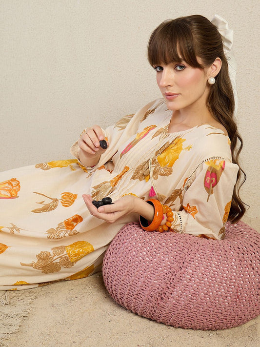 Floral Printed Pleated V-Neck Pure Cotton A-Line Kurta With Trousers