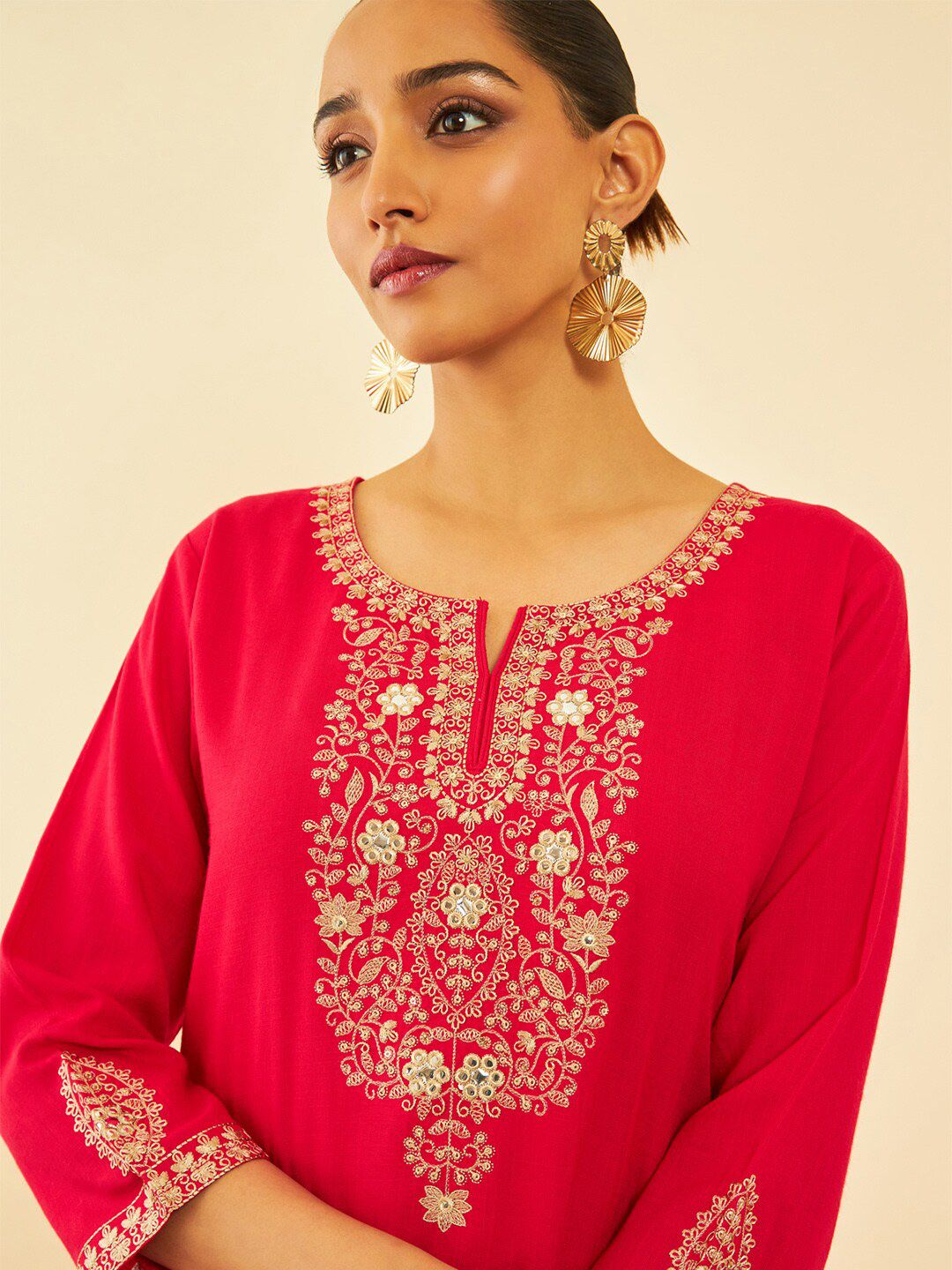 Dhiyona SO Women's Red Ethnic Motifs Embroidered Regular Mirror Work Kurta With Trousers