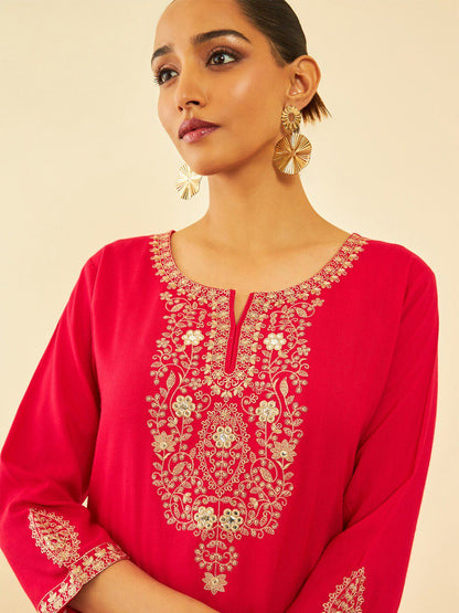 Dhiyona SO Women's Red Ethnic Motifs Embroidered Regular Mirror Work Kurta With Trousers