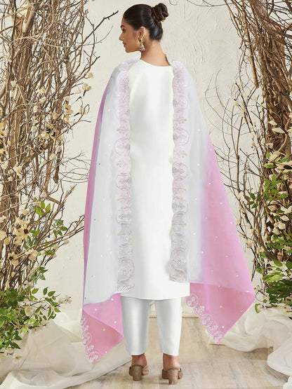 White Ethnic Motifs Embroidered Zari Detailed Kurta With Trousers & Dupatta