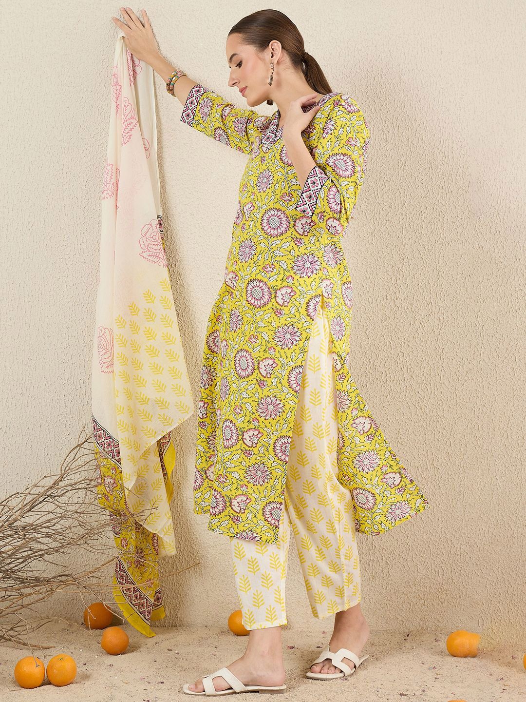 Dhiyona IE Floral Printed Pure Cotton V-Neck A-Line Kurta With Trousers And Dupatta