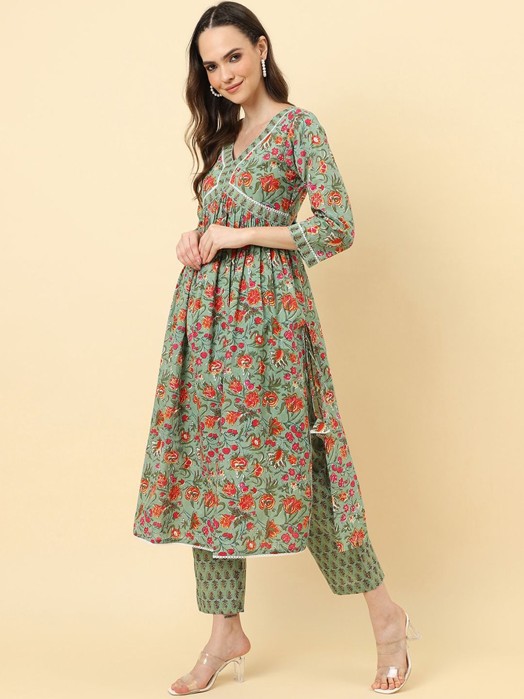 Dhiyona VA Women'sFloral Printed A-Line Pleated Pure Cotton Kurta with Trousers & Dupatta