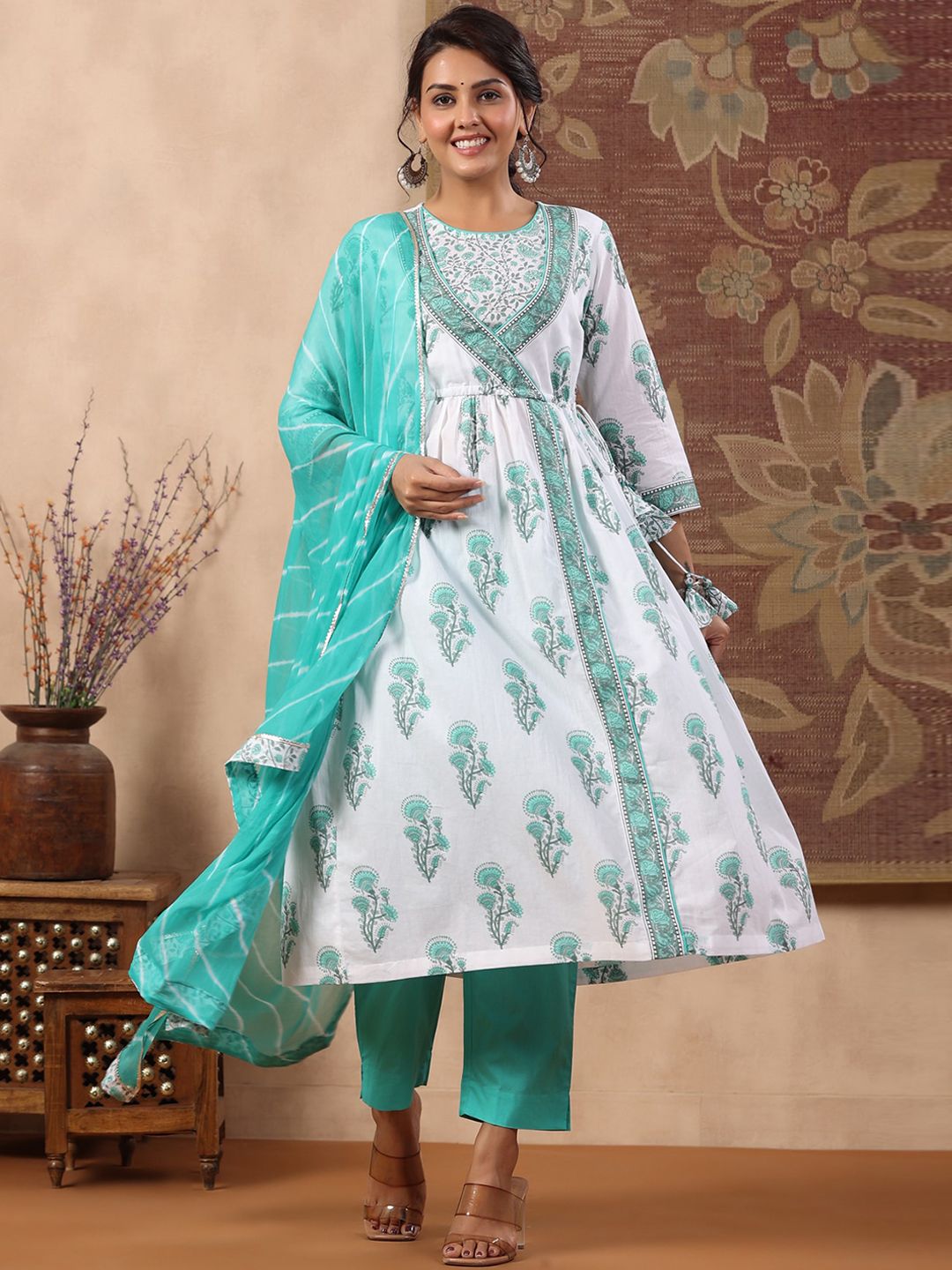 Dhiyona RR Women's Floral Printed Angrakha Pure Cotton Kurta with Trousers & With Dupatta