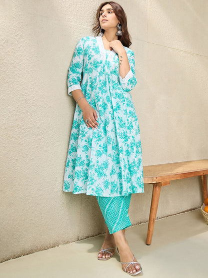 Floral Printed V-Neck Pure Cotton A-Line Kurta With Trousers