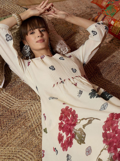 Women Floral Printed Regular Beads and Stones Pure Cotton Kurta with Trousers