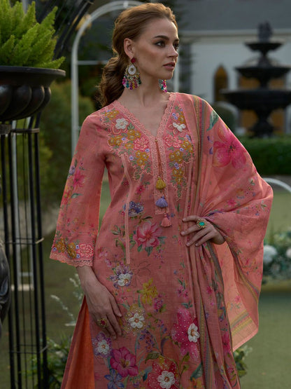 Women Floral Embroidered Linen Kurta with Trousers & Dupatta