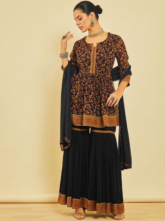 Dhiyona SO Women's Women Floral Printed Pleated Beads and Stones Kurta with Sharara & With Dupatta
