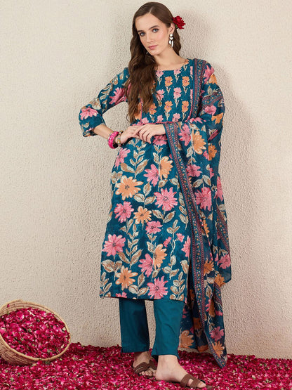 Women Floral Printed Cotton Kurta with Trousers & Dupatta