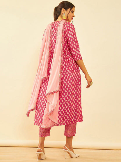 Dhiyona SO Women's Paisley Printed Sequinned V-Neck A-Line Kurta with Trousers & Dupatta