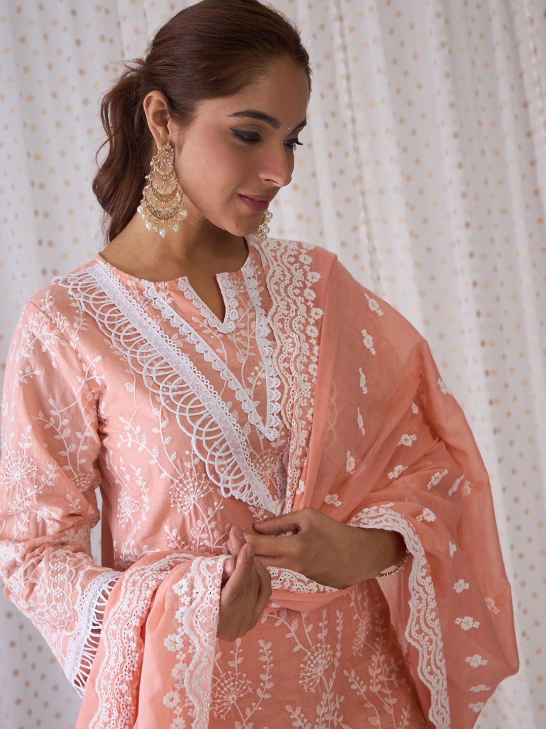 Floral Embroidered Notched Neck Cotton Straight Kurta with Trousers & Dupatta