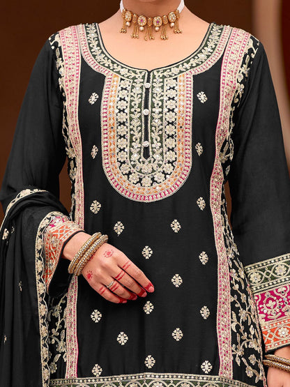 Dhiyona IE Floral Embroidered Sequinned Straight Kurta With Sharara & Dupatta