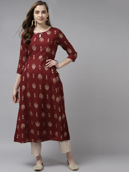 Dhiyona IE Women Maroon & Beige Foil Print Keyhole Neck A-Line Kurta