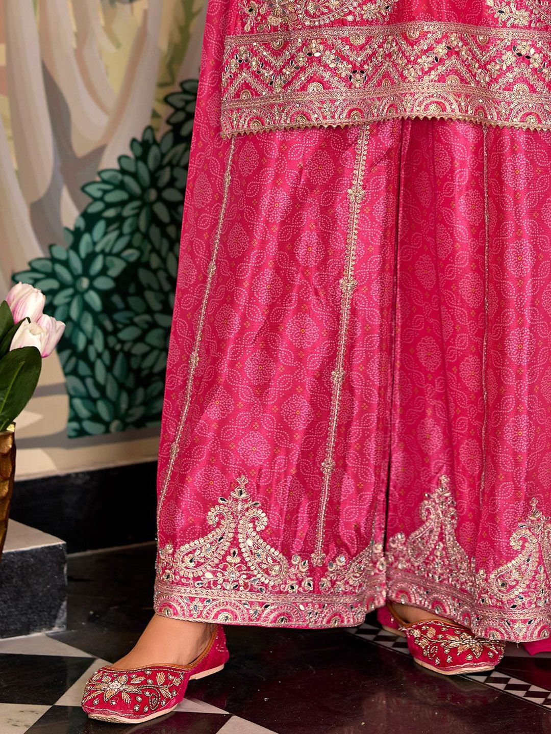 Paisley Embroidered Sequinned Chinon Straight Kurta With Palazzos & Dupatta