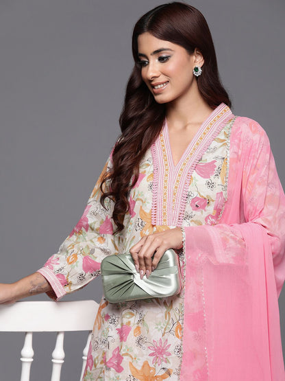 Dhiyona VA Women'sFloral Printed Pure Cotton Anarkali Kurta with Palazzos & Dupatta