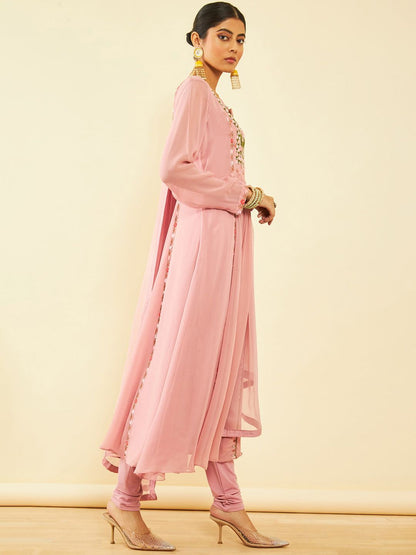 Dhiyona SO Women's Floral Embroidered Beads and Stones Georgette Kurta with Churidar & Dupatta