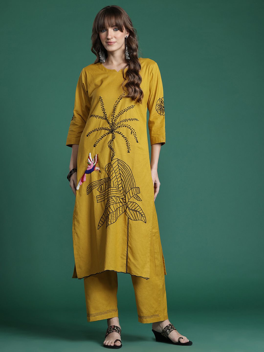 Dhiyona IE Floral Embroidered Pure Cotton Kurta with Trousers & Dupatta