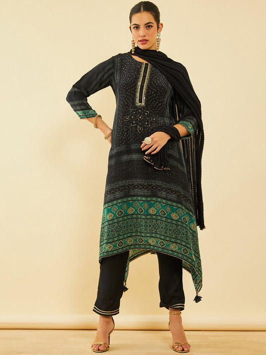Dhiyona SO Women's Floral Printed Round Neck Three-Quarter Sleeves Zardozi Kurta Set