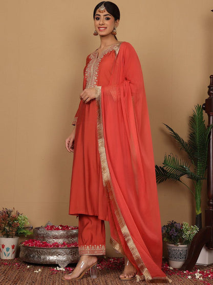Dhiyona VA Women'sYoke Design Zari Embroidered Sequinned Kurta with Trousers & Dupatta