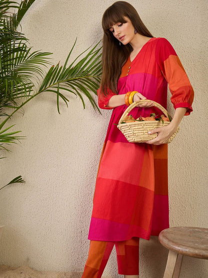 Dhiyona IE Women Pure Cotton Colourblocked A-Line Kurta With Pants Co-Ords