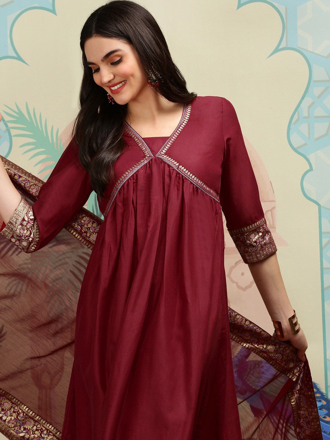 Dhiyona IS Women's Ethnic Motifs Yoke Design V-Neck Thread Work Anarkali Kurta with Trousers