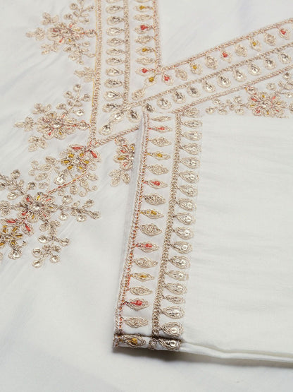 Dhiyona IS Women's Floral Yoke Design Thread Work Silk Chiffon Straight Kurta with Trousers & Dupatta