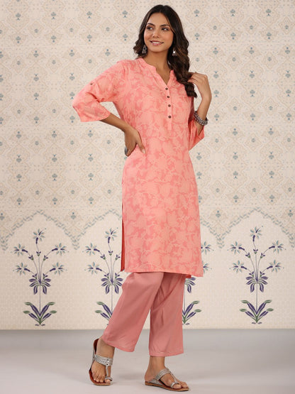 Dhiyona OD  Coral & White Floral Printed Mandarin Collar Kurta With Palazzos