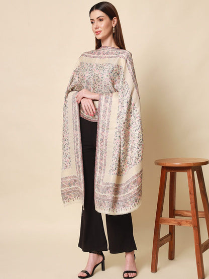 Dhiyona PA Women White Woven Design Kaani Woolen Shawl