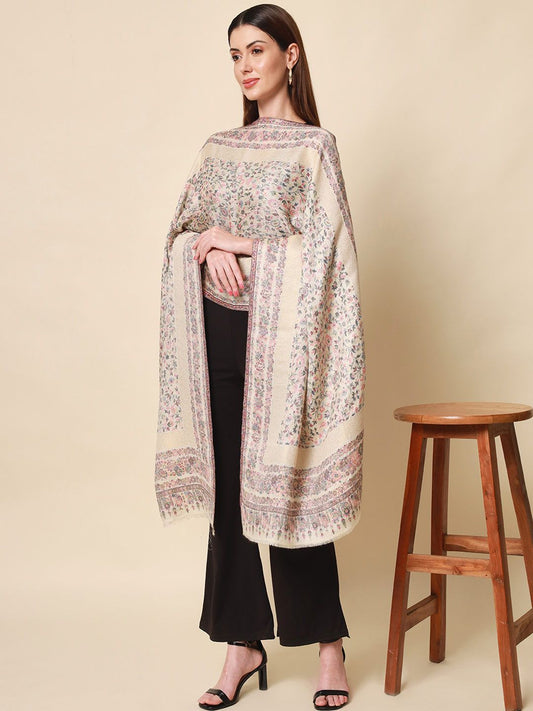 Dhiyona PA Women White Woven Design Kaani Woolen Shawl