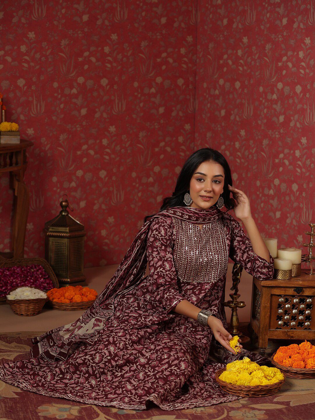 Dhiyona IS Women's Floral Printed Sequinned Pure Cotton Anarkali Kurta With Trousers & Dupatta