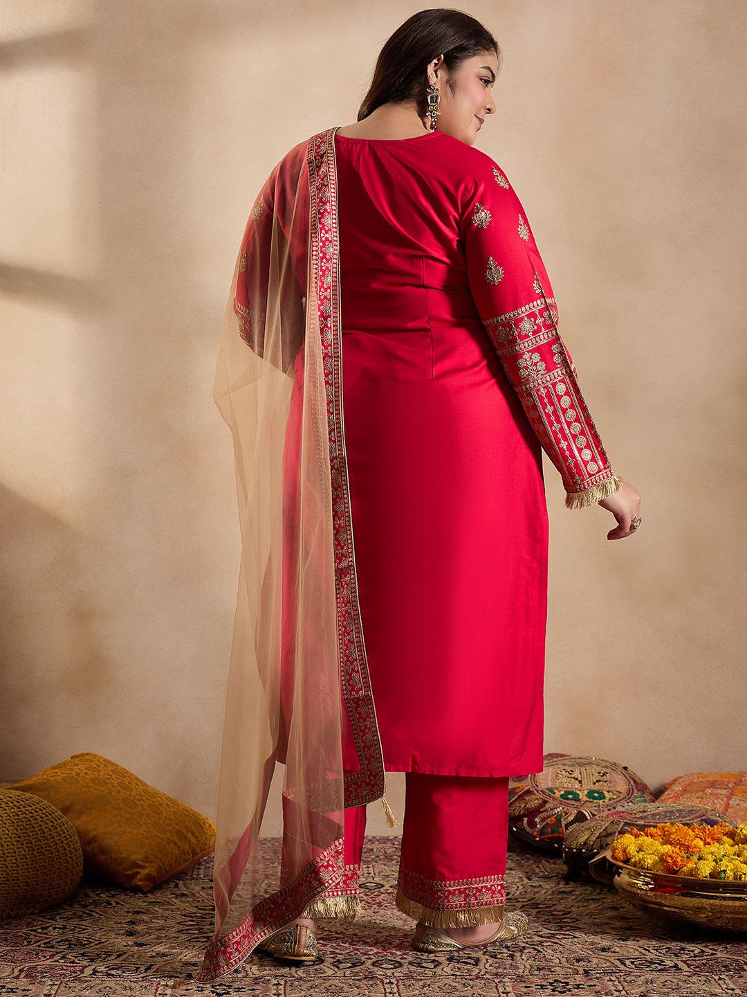 Dhiyona IN Tie-Up Neck Ethnic Motifs Embroidered Straight Kurta with Trouser & Dupatta