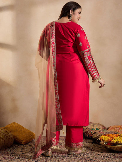 Dhiyona IN Tie-Up Neck Ethnic Motifs Embroidered Straight Kurta with Trouser & Dupatta