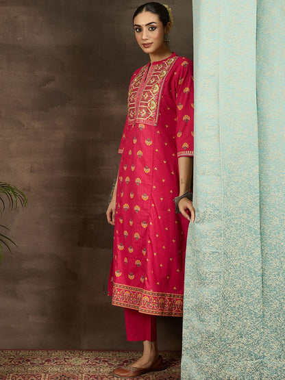 Dhiyona IE Women Ethnic Motifs Printed Thread Work Pure Cotton Kurta Trousers