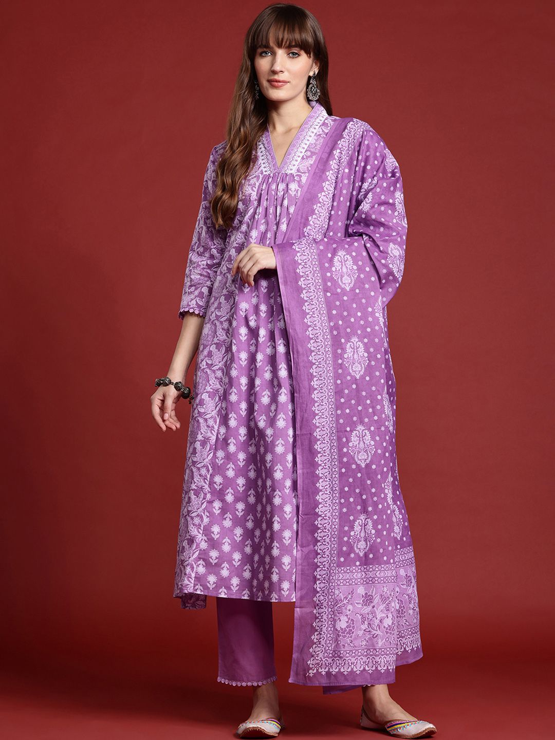 Dhiyona IE Floral Printed Pleated Pure Cotton Kurta With Trousers & Dupatta