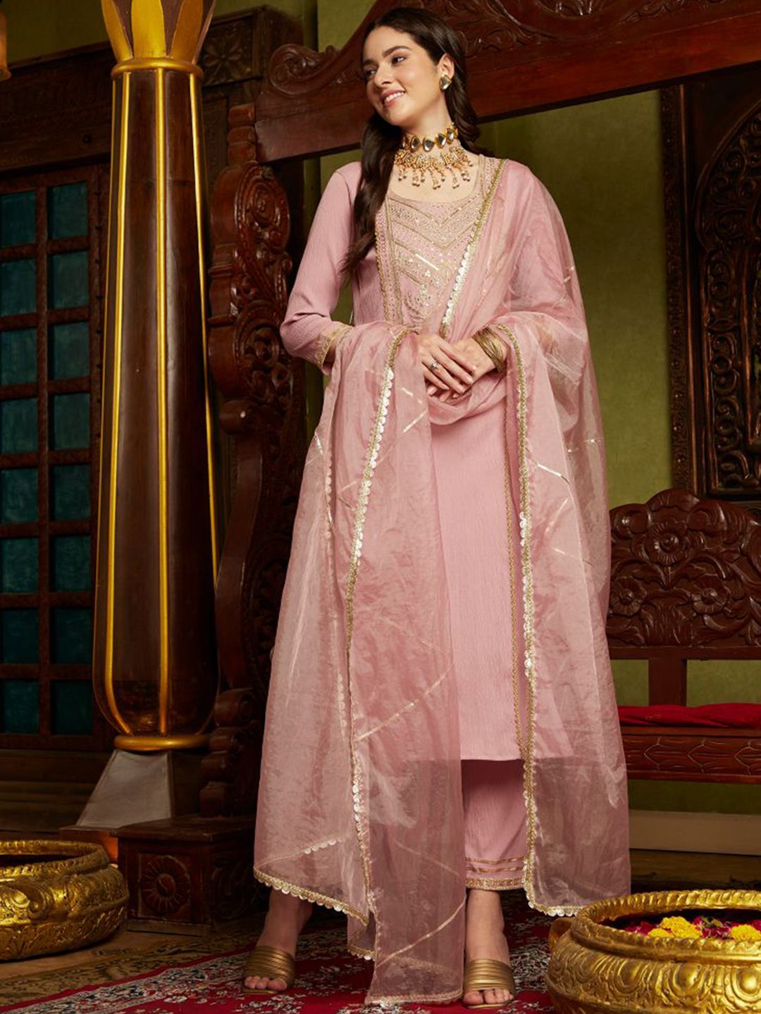 Dhiyona SN Women's Mauve Ethnic Motifs Embroidered Sequinned Straight Kurta With Trouser & Dupatta
