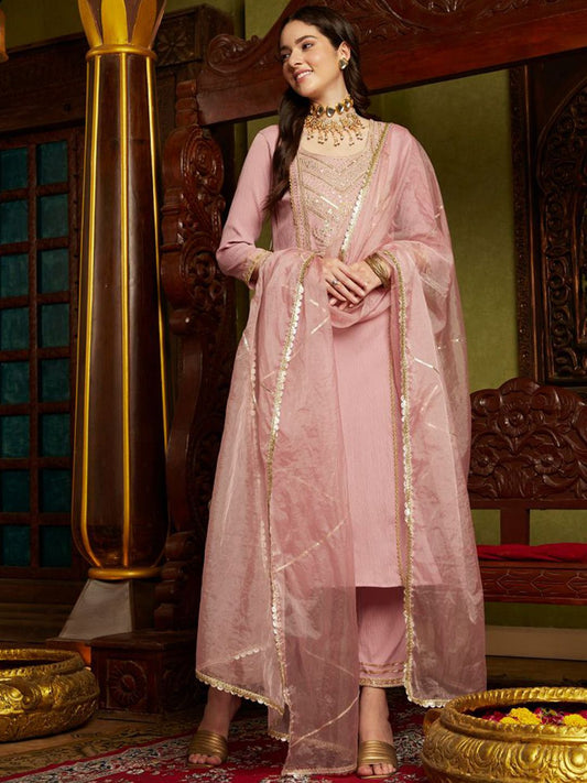 Dhiyona SN Women's Mauve Ethnic Motifs Embroidered Sequinned Straight Kurta With Trouser & Dupatta