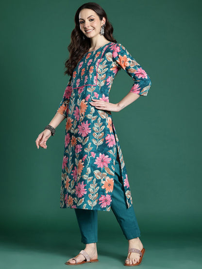 Floral Printed Pure Cotton Kurta with Trousers & Dupatta