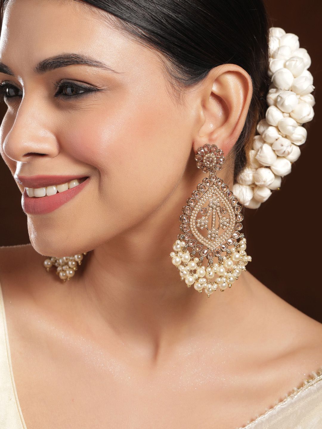 Dhiyona RJ Women's 18K Mehandi Gold-Plated Long Chandbali Earrings with Pearl Drops & Kundan Accents