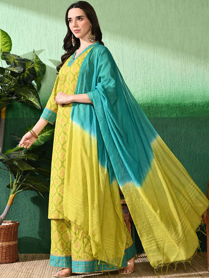 Dhiyona SN Women's Printed Straight Kurta & Palazzos With Dupatta